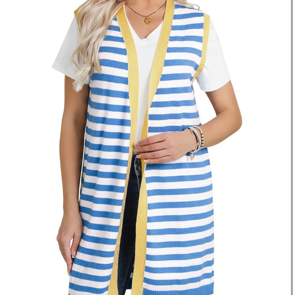 Blue - Colorful Striped Open Cardigan